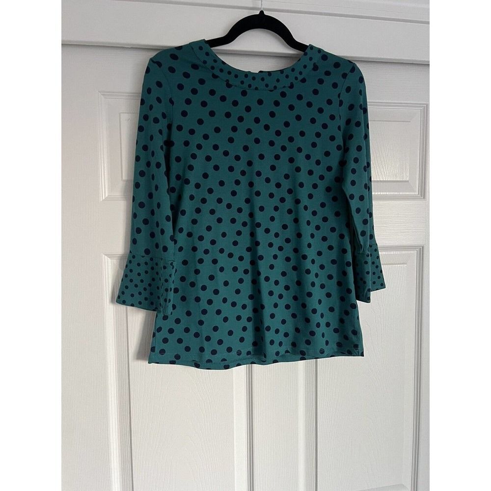 BODEN Teal/Blue Polka Dot High Neck Flare Cuff Top Style J0243 Size US4, UK8